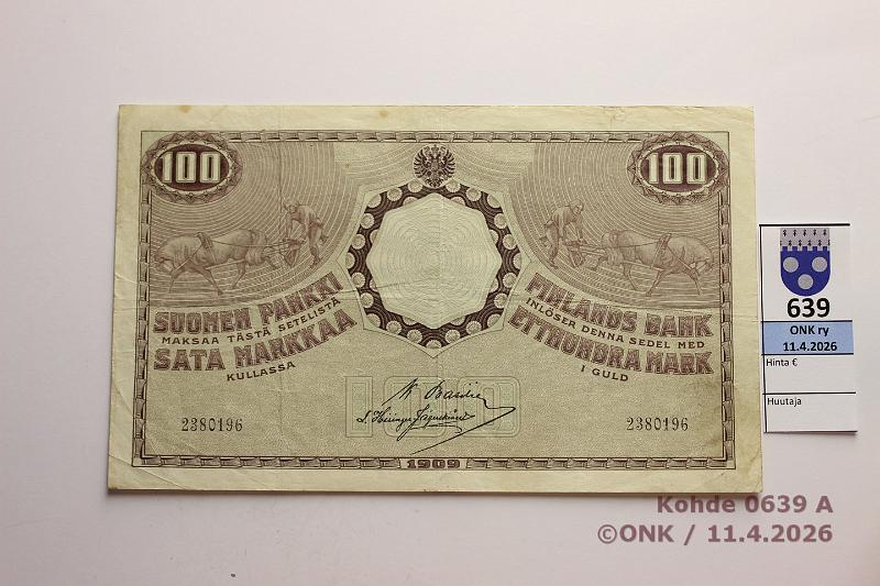 k-0639-a.jpg - Kohde 639 (kuva 1/2), l�ht�hinta: 350 &euro; / myyntihinta: 350 &euro;  100 mk   1909   SNY 176.1.1 2380196 BA I-His, ptahroja , kunto:  5 