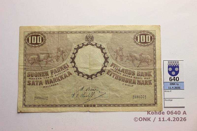 k-0640-a.jpg - Kohde 640 (kuva 1/2), l�ht�hinta: 20 &euro; / myyntihinta: 20 &euro; 100 mk 1909 KV SNY 176.3 2886002 BA I-The, eprep�, kunto: 4