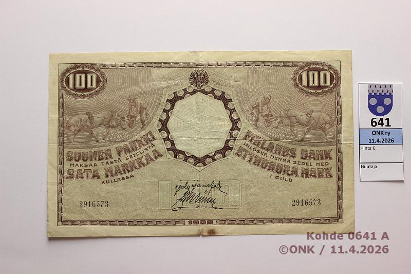 k-0641-a.jpg - Kohde 641 (kuva 1/2), l�ht�hinta: 20 &euro; / myyntihinta: 21 &euro; 100 mk 1909 KV SNY 176.3 2916573 J�R-M�l, prep, tahra, kunto: 4