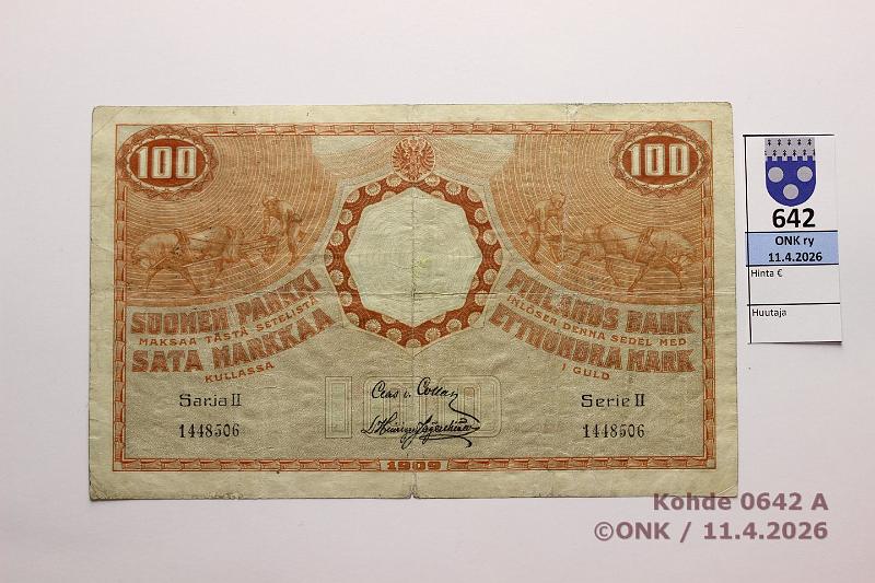 k-0642-a.jpg - Kohde 642 (kuva 1/2), l�ht�hinta: 50 &euro; / myyntihinta: 50 &euro; 100 mk 1909 S II SNY 176.5 1448506 COL-His, prep�, kunto: 3