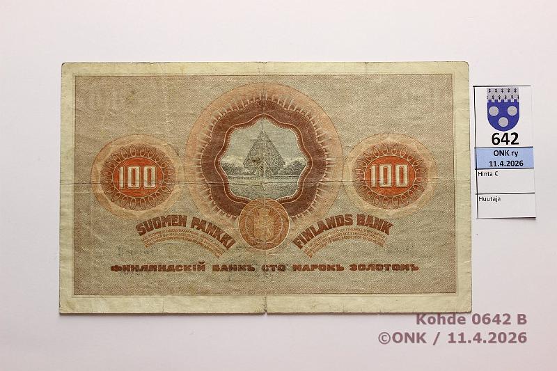 k-0642-b.jpg - Kohde 642 (kuva 2/2), l�ht�hinta: 50 &euro; / myyntihinta: 50 &euro; 100 mk 1909 S II SNY 176.5 1448506 COL-His, prep�, kunto: 3