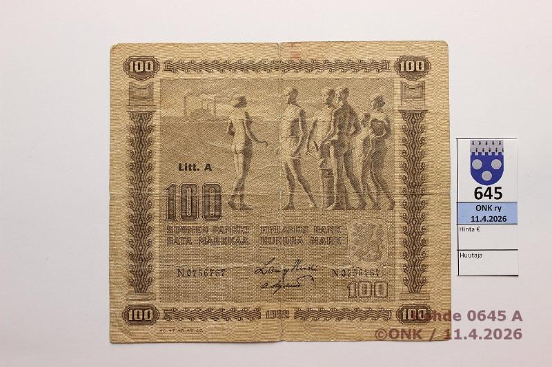 k-0645-a.jpg - Kohde 645 (kuva 1/2), l�ht�hinta: 100 &euro; / ei tarjouksia 100 mk 1922 LA SNY 178.2.2 N0756767 HEU-OAs, rep�, reiki�, laattanumerolla, kunto: 3