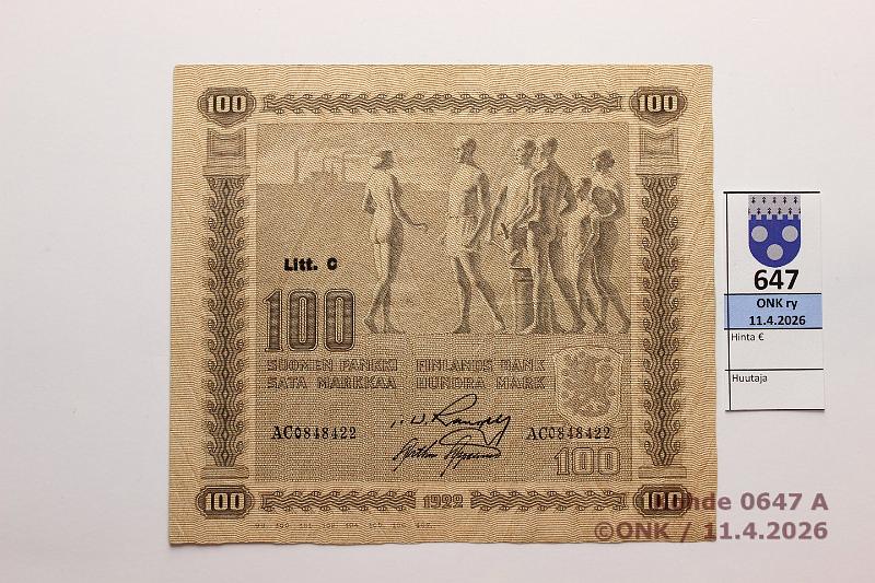 k-0647-a.jpg - Kohde 647 (kuva 1/2), l�ht�hinta: 25 &euro; / myyntihinta: 44 &euro; 100 mk 1922 LC SNY 178.4.1 AC0848422 RAN-AAs, kunto: 5