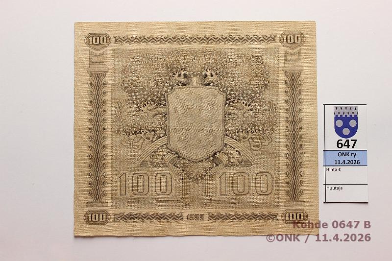 k-0647-b.jpg - Kohde 647 (kuva 2/2), l�ht�hinta: 25 &euro; / myyntihinta: 44 &euro; 100 mk 1922 LC SNY 178.4.1 AC0848422 RAN-AAs, kunto: 5