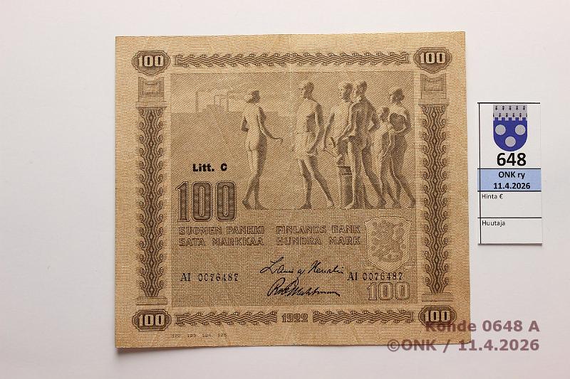 k-0648-a.jpg - Kohde 648 (kuva 1/2), l�ht�hinta: 25 &euro; / myyntihinta: 25 &euro; 100 mk 1922 LC SNY 178.4.1 AI0076487 HEU-Wah, kova paperi, kunto: 5