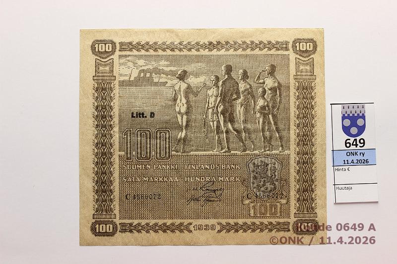 k-0649-a.jpg - Kohde 649 (kuva 1/2), l�ht�hinta: 10 &euro; / myyntihinta: 14 &euro; 100 mk 1939 LD SNY 179.2 C4566072 RAN-AAs, vl2, kunto: 5