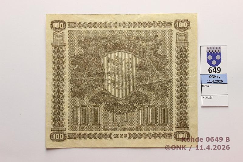 k-0649-b.jpg - Kohde 649 (kuva 2/2), l�ht�hinta: 10 &euro; / myyntihinta: 14 &euro; 100 mk 1939 LD SNY 179.2 C4566072 RAN-AAs, vl2, kunto: 5
