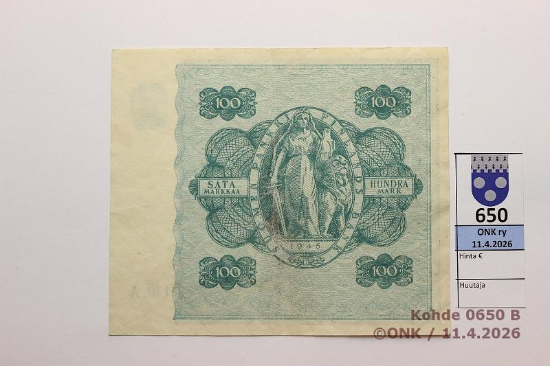 k-0650-b.jpg - Kohde 650 (kuva 2/2), l�ht�hinta: 15 &euro; / ei tarjouksia 100 mk 1945 LA SNY 180.1.1 A4544409 KIV-Wah, kunto: 5