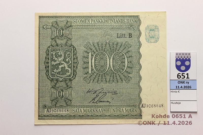 k-0651-a.jpg - Kohde 651 (kuva 1/2), l�ht�hinta: 15 &euro; / myyntihinta: 15 &euro; 100 mk 1945 LB SNY 180.2.1 AU9068648  JUT-Sac , harv ak-pari (v), kunto: 7