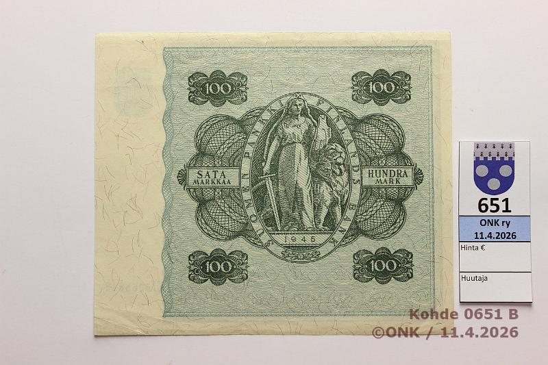 k-0651-b.jpg - Kohde 651 (kuva 2/2), l�ht�hinta: 15 &euro; / myyntihinta: 15 &euro; 100 mk 1945 LB SNY 180.2.1 AU9068648  JUT-Sac , harv ak-pari (v), kunto: 7