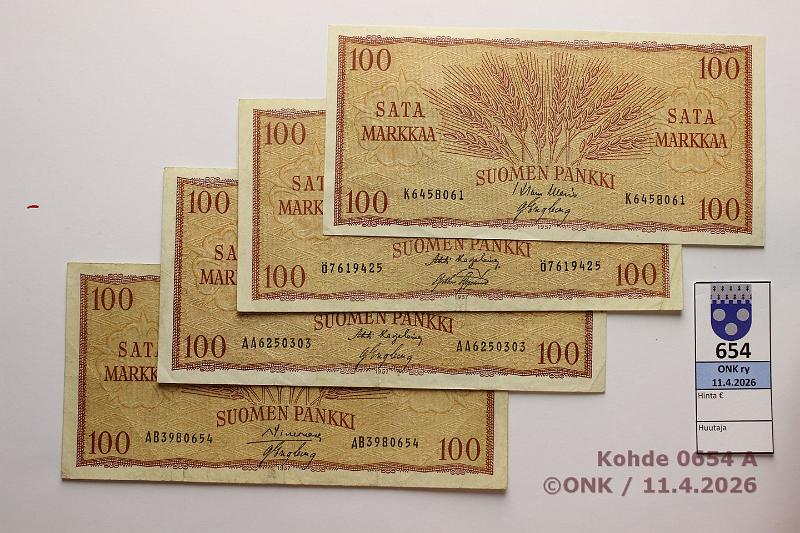 k-0654-a.jpg - Kohde 654, l�ht�hinta: 8 &euro; / myyntihinta: 8 &euro; 100 mk 1957 (4) SNY 182.1.1 K..WAR-Eng, �..KA I-AAs, AA..KA I-Eng, AB..SIM-Eng, kunto: 4-6