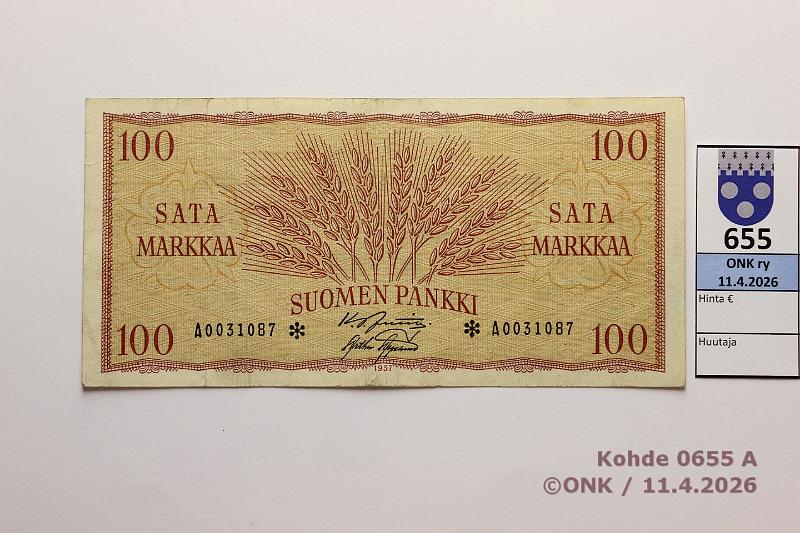 k-0655-a.jpg - Kohde 655 (kuva 1/2), l�ht�hinta: 15 &euro; / ei tarjouksia 100 mk 1957 A* SNY 182.2 A0031087* JUT-AAs, korvaava, kunto: 4