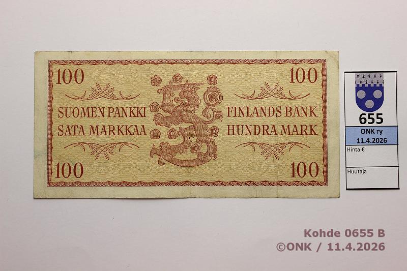 k-0655-b.jpg - Kohde 655 (kuva 2/2), l�ht�hinta: 15 &euro; / ei tarjouksia 100 mk 1957 A* SNY 182.2 A0031087* JUT-AAs, korvaava, kunto: 4