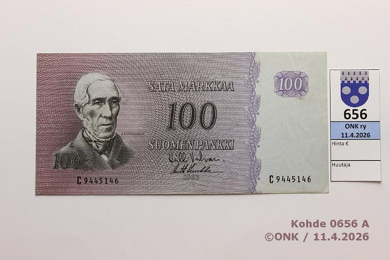 k-0656-a.jpg - Kohde 656 (kuva 1/2), l�ht�hinta: 25 &euro; / myyntihinta: 25 &euro; 100 mk 1963 SNY 183.1.1 C9445146 VAL-Luu, kunto: 6