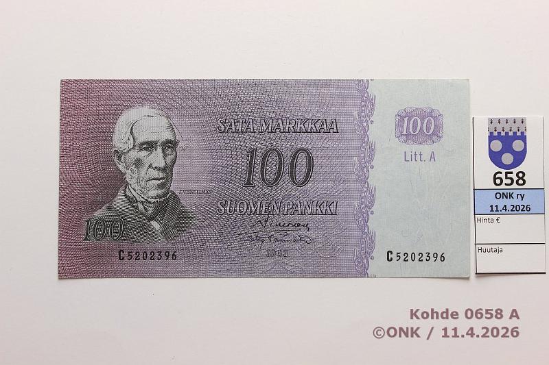 k-0658-a.jpg - Kohde 658 (kuva 1/2), l�ht�hinta: 15 &euro; / myyntihinta: 15 &euro; 100 mk 1963 LA SNY 183.3.1 C5202396 SIM-T�r, kunto: 6