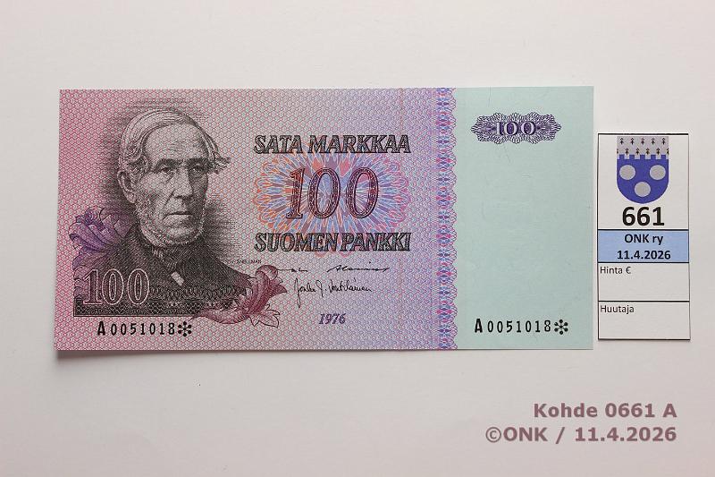 k-0661-a.jpg - Kohde 661 (kuva 1/2), l�ht�hinta: 35 &euro; / myyntihinta: 35 &euro; 100 mk 1976 A* SNY 184.2.1 A0051018* AL I-Vou, painuma, korvaava, kunto: 9