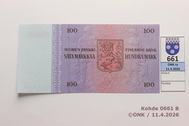 k-0661-b.jpg - Kohde 661 (kuva 2/2), l�ht�hinta: 35 &euro; / myyntihinta: 35 &euro; 100 mk 1976 A* SNY 184.2.1 A0051018* AL I-Vou, painuma, korvaava, kunto: 9