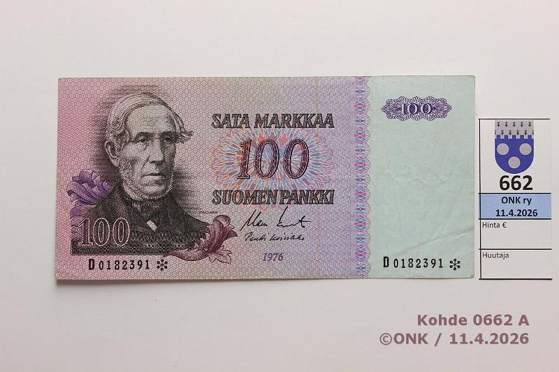 k-0662-a.jpg - Kohde 662 (kuva 1/2), l�ht�hinta: 15 &euro; / ei tarjouksia 100 mk 1976 D* SNY 184.2.2 D0182391* KO II-Ko1, korvaava, kunto: 4