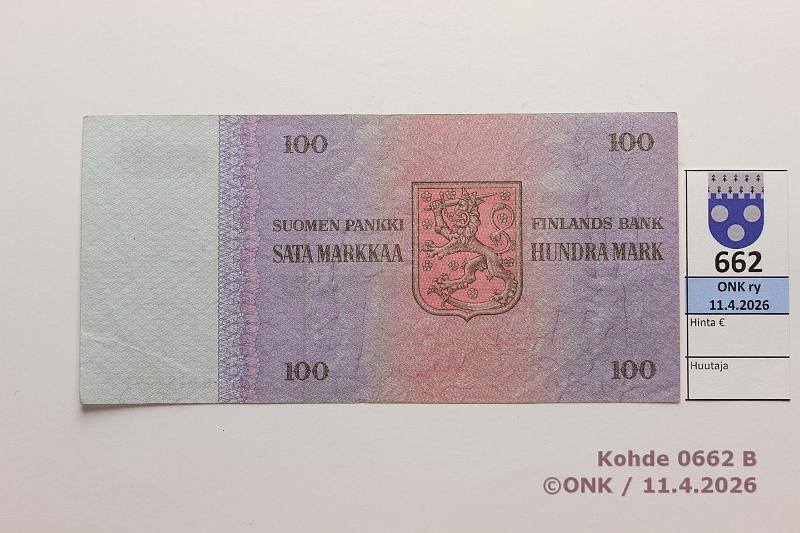k-0662-b.jpg - Kohde 662 (kuva 2/2), l�ht�hinta: 15 &euro; / ei tarjouksia 100 mk 1976 D* SNY 184.2.2 D0182391* KO II-Ko1, korvaava, kunto: 4