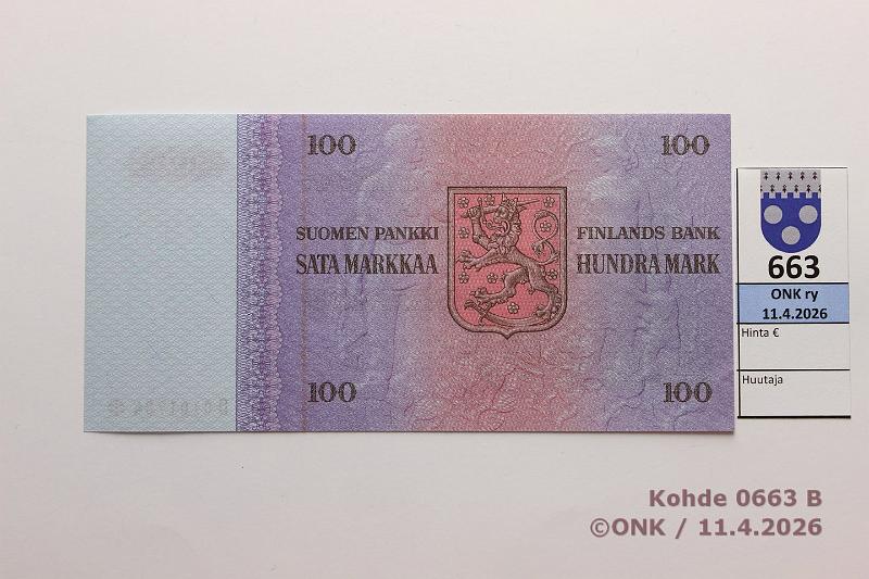 k-0663-b.jpg - Kohde 663 (kuva 2/2), l�ht�hinta: 30 &euro; / myyntihinta: 32 &euro; 100 mk 1976 D* SNY 184.2.2 D0101784* KA I-Hes, painumia, korvaava, kunto: 9