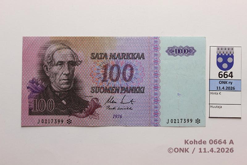 k-0664-a.jpg - Kohde 664 (kuva 1/2), l�ht�hinta: 15 &euro; / ei tarjouksia 100 mk 1976 J* SNY 184.2.3 J0217399* KO II-Ko1, v�rjaym��, korvaava, kunto: 5