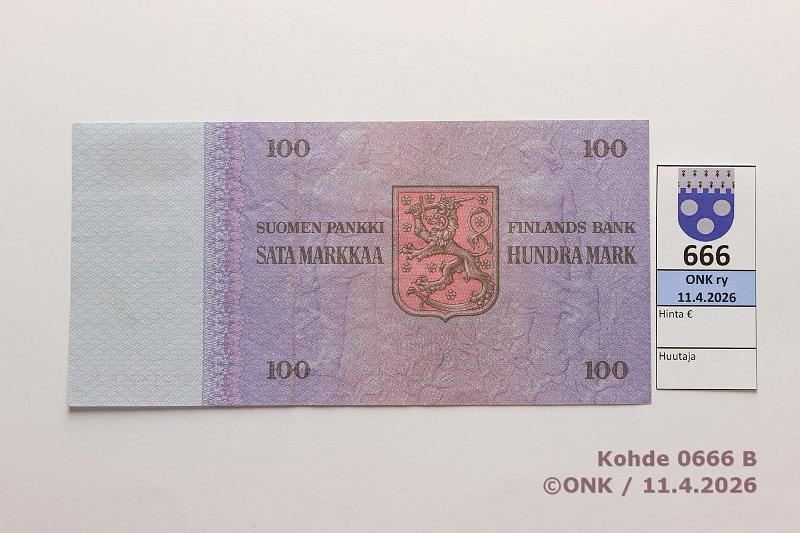 k-0666-b.jpg - Kohde 666 (kuva 2/2), l�ht�hinta: 20 &euro; / ei tarjouksia 100 mk 1976 N* SNY 184.2.4 N0413735* KU I-Pu1, korvaava, kunto: 5