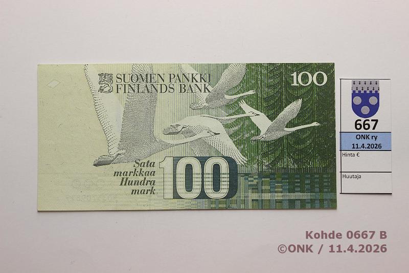 k-0667-b.jpg - Kohde 667 (kuva 2/2), l�ht�hinta: 10 &euro; / myyntihinta: 16 &euro; 100 mk 1986 SNY 185.1.1 5035709819 KU I-Pu1, painomusteviiva yli setelin etupuolen, kunto: 5