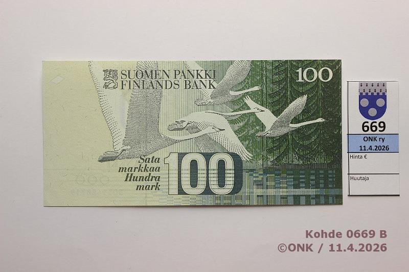 k-0669-b.jpg - Kohde 669 (kuva 2/2), l�ht�hinta: 20 &euro; / myyntihinta: 25 &euro; 100 mk 1986 SNY 185.1.1 5059488719 AL I-Va1, painuma, kunto: 9