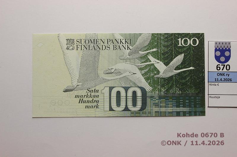 k-0670-b.jpg - Kohde 670 (kuva 2/2), l�ht�hinta: 22 &euro; / myyntihinta: 37 &euro; 100 mk 1986 SNY 185.1.1 5018381248 OL I-Pu1, kunto: 10