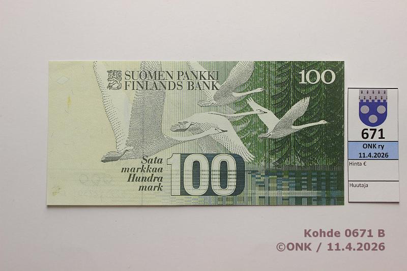 k-0671-b.jpg - Kohde 671 (kuva 2/2), l�ht�hinta: 60 &euro; / myyntihinta: 60 &euro; 100 mk 1986 599.. SNY 185.2 5991127301 LIN-Va1, eptahra, korvaava, kunto: 9