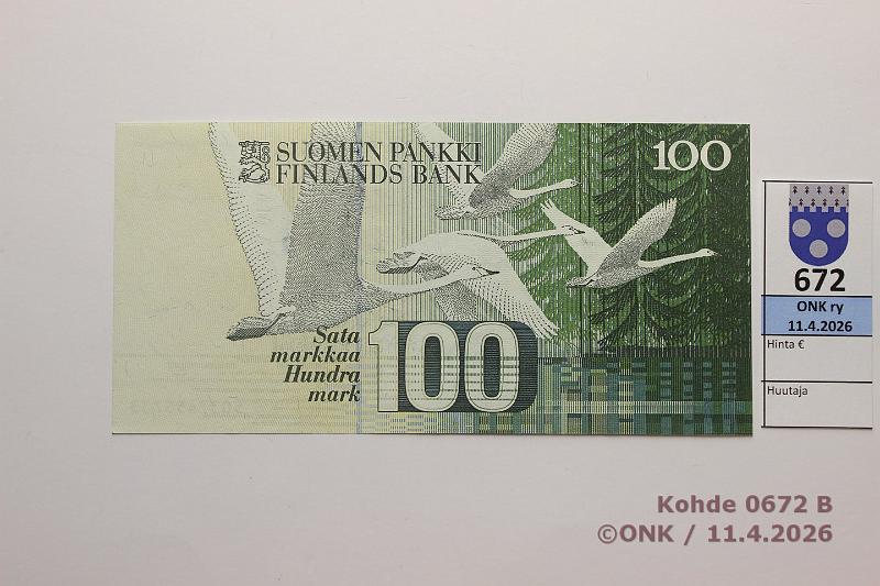 k-0672-b.jpg - Kohde 672 (kuva 2/2), l�ht�hinta: 15 &euro; / myyntihinta: 19 &euro; 100 mk 1986 LA SNY 185.3 5037455733 SOR-M�2, painumia, kunto: 9