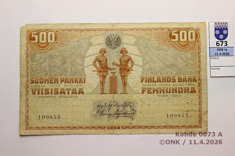 k-0673-a.jpg - Kohde 673 (kuva 1/2), l�ht�hinta: 20 &euro; / myyntihinta: 26 &euro; 500 mk 1909 KV SNY 188.2 199853 J�R-His, pieni kulmapuutos, kunto: 3