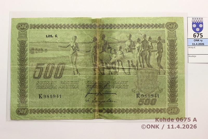 k-0675-a.jpg - Kohde 675 (kuva 1/2), l�ht�hinta: 15 &euro; / myyntihinta: 15 &euro; 500 mk 1922 LC III SNY 189.3.3 K985941 RAI-Car, teippikorjaus, reiki�, kunto: 2