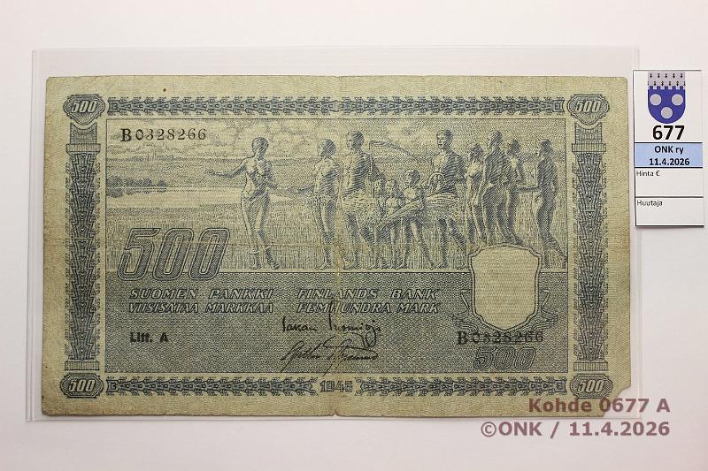 k-0677-a.jpg - Kohde 677 (kuva 1/2), l�ht�hinta: 25 &euro; / myyntihinta: 25 &euro; 500 mk 1945 LA SNY 190.1.1 B0328266 TUO-AAs, prep�, preiki�, pieni kulmapuutos, kunto: 2