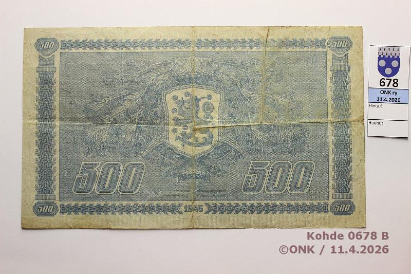 k-0678-b.jpg - Kohde 678 (kuva 2/2), l�ht�hinta: 20 &euro; / myyntihinta: 23 &euro; 500 mk 1945 LB SNY 190.2 B5437124 KEK-Car, neulanreik�, takana kulumaa ja v�rj�ym��, kunto: 3