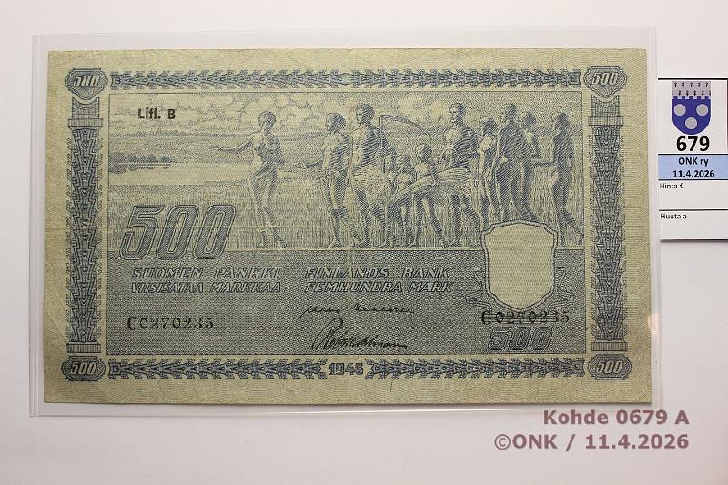 k-0679-a.jpg - Kohde 679 (kuva 1/2), l�ht�hinta: 40 &euro; / myyntihinta: 42 &euro; 500 mk 1945 LB SNY 190.2 C0270235  KEK-Wah  (puutuu ak-viidakosta), ep reik�, eprep, kunto: 4