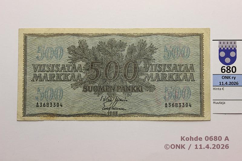 k-0680-a.jpg - Kohde 680 (kuva 1/2), l�ht�hinta: 50 &euro; / myyntihinta: 65 &euro; 500 mk 1955 SNY 191.1.1 A3683304 WAR-Lei, reunarosoa, km, sil?, kunto: 4