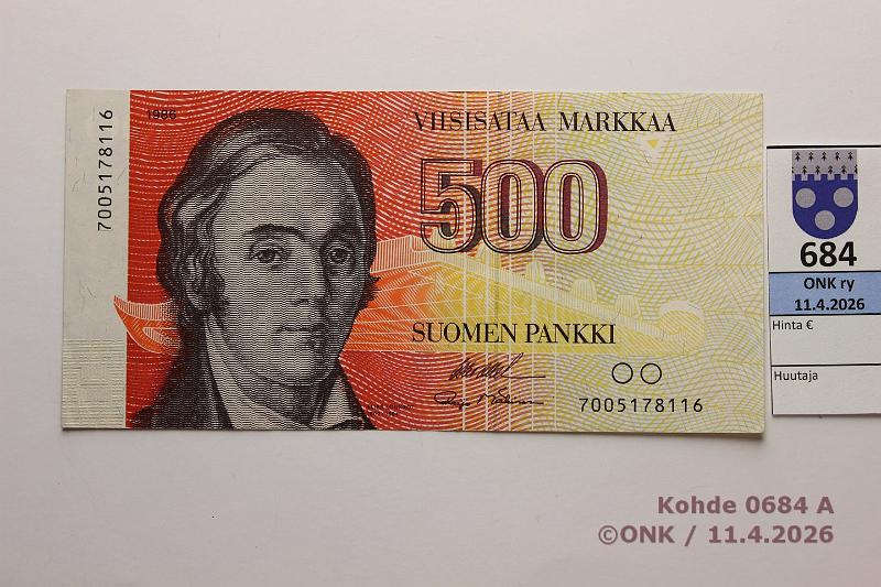 k-0684-a.jpg - Kohde 684 (kuva 1/2), l�ht�hinta: 50 &euro; / ei tarjouksia 500 mk 1986 SNY 194.1.1 7005178116 OL I-M�1, kunto: 5