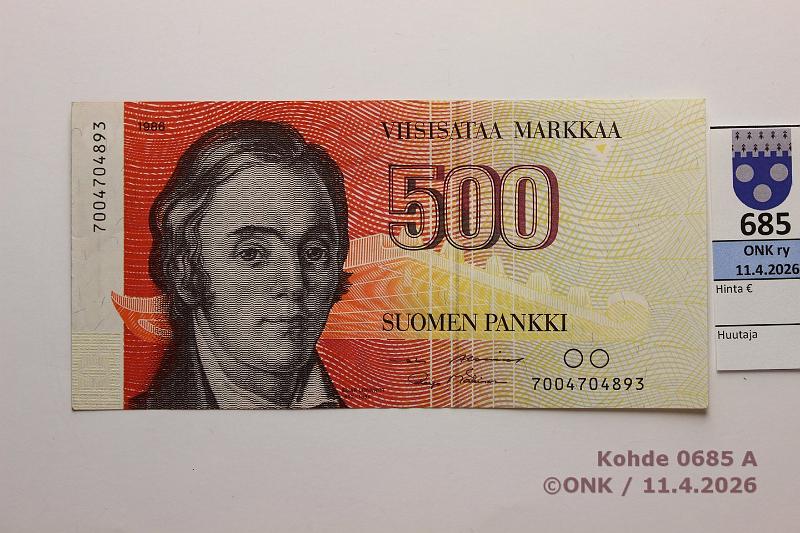 k-0685-a.jpg - Kohde 685 (kuva 1/2), l�ht�hinta: 50 &euro; / ei tarjouksia 500 mk 1986 SNY 194.1.1 7004704893 AL I-M�1, kunto: 6