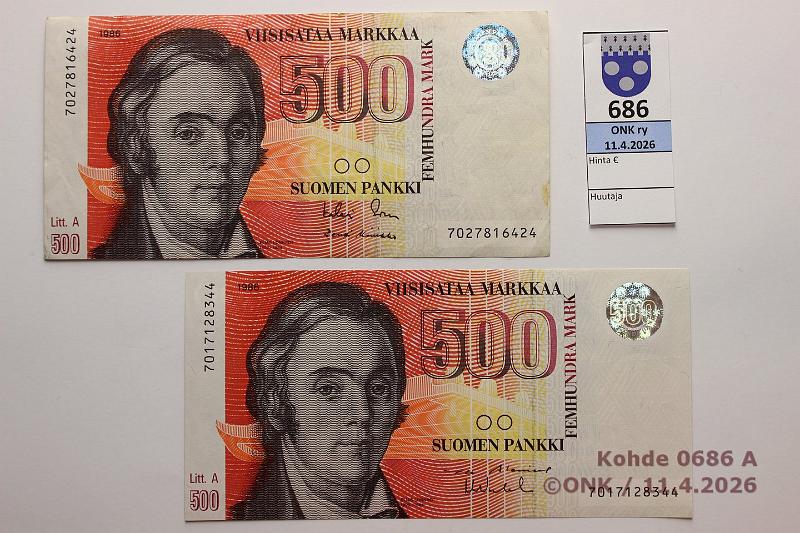 k-0686-a.jpg - Kohde 686 (kuva 1/2), l�ht�hinta: 90 &euro; / myyntihinta: 90 &euro; 500 mk 1986 LA (2) SNY 194.2 7027816424 SOR-Ko2, 7017128344 AL II-Va2 (pintaeloa), kunto: 5, 9