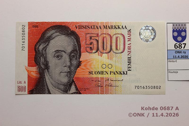 k-0687-a.jpg - Kohde 687 (kuva 1/2), l�ht�hinta: 80 &euro; / myyntihinta: 105 &euro; 500 mk 1986 LA SNY 194.2 7016350802 AL II-M�2, kunto: 10