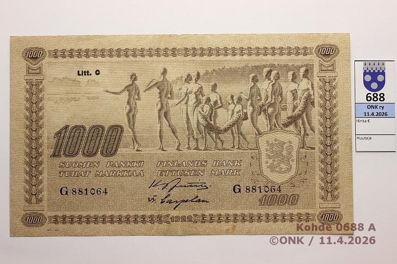 k-0688-a.jpg - Kohde 688 (kuva 1/2), l�ht�hinta: 80 &euro; / myyntihinta: 100 &euro; 1000 mk 1922 LC II SNY 197.3.2 G881064 JUT-Car, ptahra, keskireik�, kunto: 5