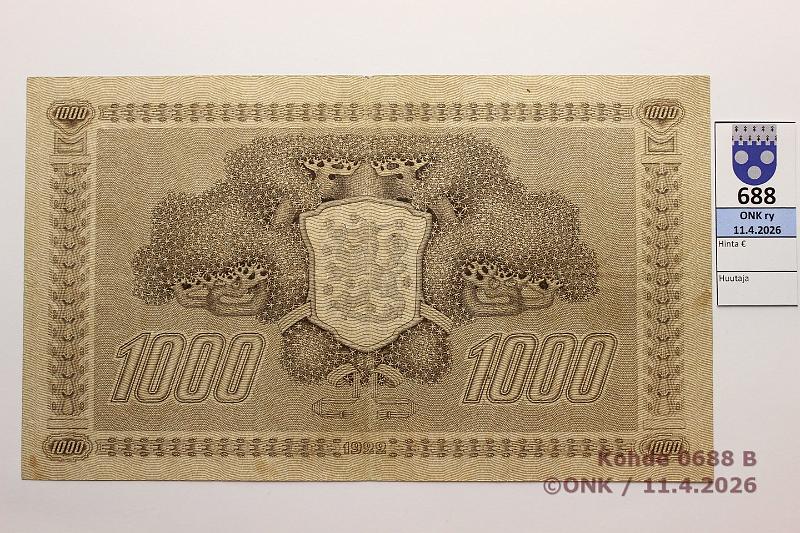 k-0688-b.jpg - Kohde 688 (kuva 2/2), l�ht�hinta: 80 &euro; / myyntihinta: 100 &euro; 1000 mk 1922 LC II SNY 197.3.2 G881064 JUT-Car, ptahra, keskireik�, kunto: 5