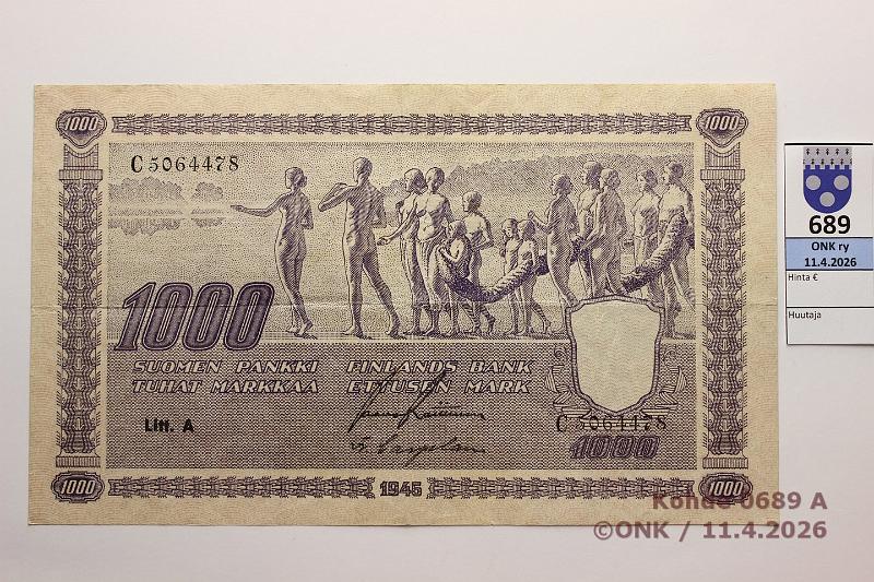 k-0689-a.jpg - Kohde 689 (kuva 1/2), l�ht�hinta: 70 &euro; / myyntihinta: 77 &euro; 1000 mk 1945 LA SNY 199.1.1 C5064478 RAI-Car, kunto: 5