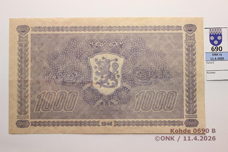 k-0690-b.jpg - Kohde 690 (kuva 2/2), l�ht�hinta: 70 &euro; / myyntihinta: 80 &euro; 1000 mk 1945 LA SNY 199.1.1 A5306789 TUO-AAs, kova paperi, kunto: 5