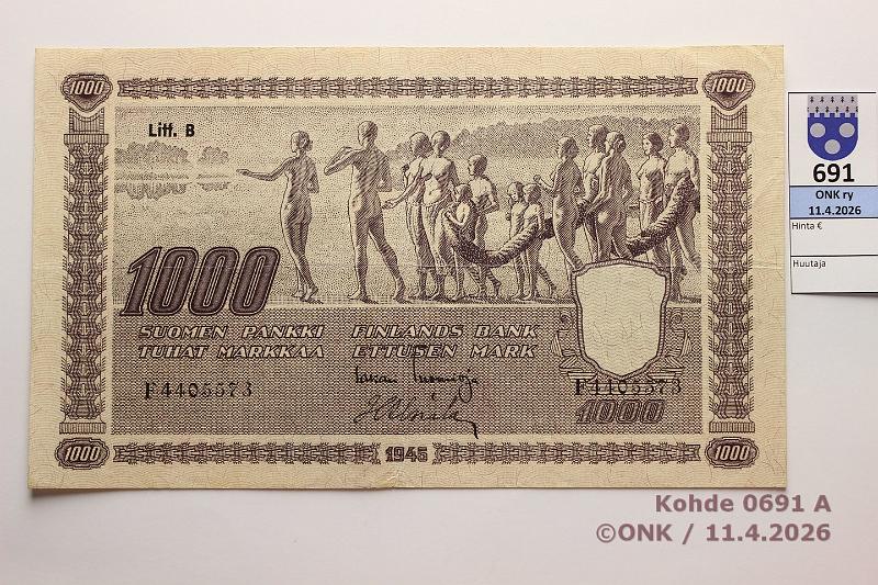 k-0691-a.jpg - Kohde 691 (kuva 1/2), l�ht�hinta: 70 &euro; / myyntihinta: 77 &euro; 1000 mk 1945 LB SNY 199.2.1 F4405573 TUO-Als, kunto: 5