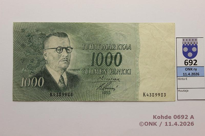 k-0692-a.jpg - Kohde 692 (kuva 1/2), l�ht�hinta: 20 &euro; / myyntihinta: 20 &euro; 1000 mk 1955 SNY 200.1.1 K4389983 SIM-Sac, vl1, kunto: 4