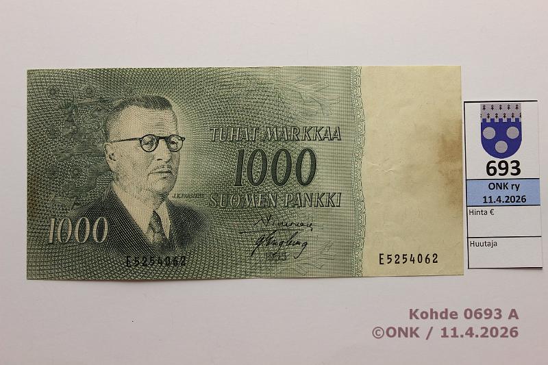 k-0693-a.jpg - Kohde 693 (kuva 1/3), l�ht�hinta: 60 &euro; / myyntihinta: 60 &euro; 1000 mk 1955 SNY 200.1.3 E5254062 SIM-Eng, vl2, pieni vesileiman siirtym�, tahra, kunto: 5