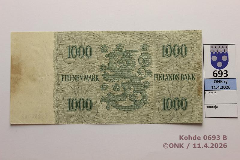 k-0693-b.jpg - Kohde 693 (kuva 2/3), l�ht�hinta: 60 &euro; / myyntihinta: 60 &euro; 1000 mk 1955 SNY 200.1.3 E5254062 SIM-Eng, vl2, pieni vesileiman siirtym�, tahra, kunto: 5