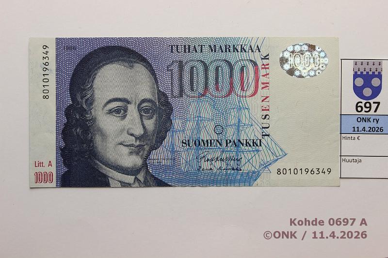 k-0697-a.jpg - Kohde 697 (kuva 1/2), l�ht�hinta: 80 &euro; / ei tarjouksia 1000 mk 1986 LA SNY 201.3.1 8010196349 KU II-Ko2, kunto: 6